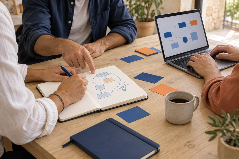 Una idea toma forma entre un cuaderno, un portátil y personas colaborando; imagen conceptual de Tech Valley creada con IA